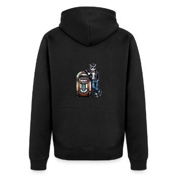 Rockabilly Cat standing at a 80s Jukebox. - Unisex Premium Organic Zip Hoodie - black - Back - Nico (187cm)