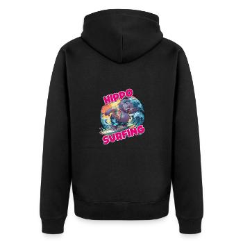 Hippo surfing lustiges cooles stylisches Hippo - Unisex Premium Bio Zip Hoodie - Schwarz - Hinten - Nico (187cm)