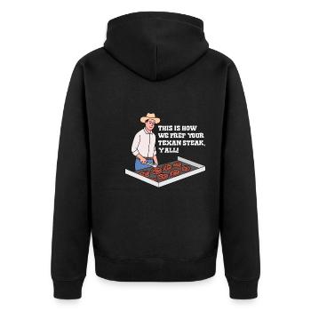 Steak in Texas Design für stolze Texaner - Unisex Premium Bio Zip Hoodie - Schwarz - Hinten - Nico (187cm)
