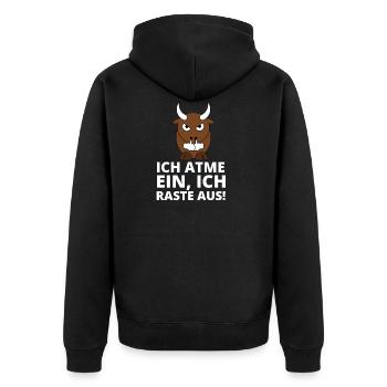 Ich atme ein, ich raste aus! Stier Lustig Sprüche - Unisex Premium Bio Zip Hoodie - Schwarz - Hinten - Nico (187cm)