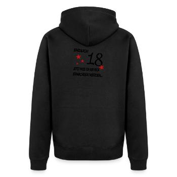 Endlich 18 - Unisex Premium Bio Zip Hoodie - Schwarz - Hinten - Nico (187cm)
