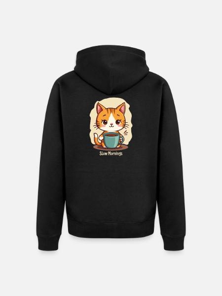 Slow morning cat with coffee - Unisex Premium Organic Zip Hoodie - black