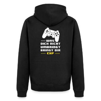 Gaming Motto EXP: Was dich nicht umbringt - Unisex Premium Bio Zip Hoodie - Schwarz - Hinten - Nico (187cm)