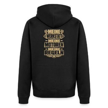 Bester Mechaniker Spruch Werkstatt Chef - Unisex Premium Bio Zip Hoodie - Schwarz - Hinten - Nico (187cm)