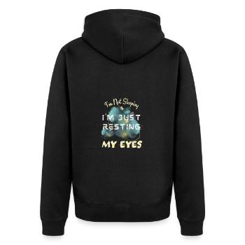 Ich schlafe nicht, ich ruhe nur meine Augen lustig aus - Unisex Premium Bio Zip Hoodie - Schwarz - Hinten - Nico (187cm)