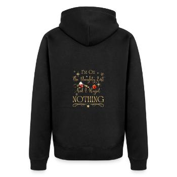 Ich bin auf der ungezogenen Liste und bereue nichts - Unisex Premium Bio Zip Hoodie - Schwarz - Hinten - Nico (187cm)