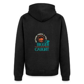 Nichts macht einen Fisch größer, als fast kaugiert zu werden - Unisex Premium Bio Zip Hoodie - Schwarz - Hinten - Nico (187cm)