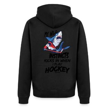 Hai spielt Eishockey - Unisex Premium Bio Zip Hoodie - Schwarz - Hinten - Nico (187cm)