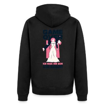 JGA Hochzeit Ich Habe Ihn Zum Altar Geschleppt - Unisex Premium Bio Zip Hoodie - Schwarz - Hinten - Nico (187cm)
