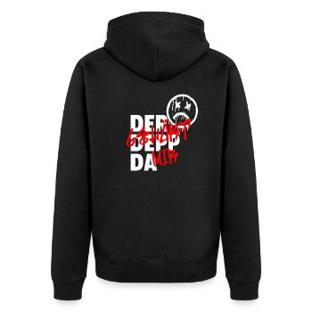 DER DEPP DA GEHÖRT MIR Spruch - Unisex Premium Bio Zip Hoodie - Schwarz - Hinten - Nico (187cm)