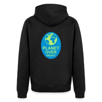 planet over profit Zitat - Unisex Premium Bio Zip Hoodie - Schwarz - Hinten - Nico (187cm)