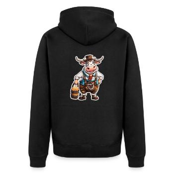 Lederhose / Tier / Tracht / Tradition / Kuh - Unisex Premium Bio Zip Hoodie - Schwarz - Hinten - Nico (187cm)