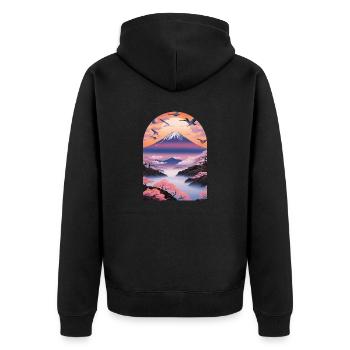 Mount Fuji bei Sonnenaufgang - Unisex Premium Bio Zip Hoodie - Schwarz - Hinten - Nico (187cm)
