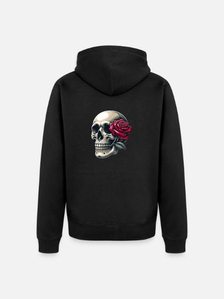 Kraniet med rose mellem tænderne - Premium økologisk unisex-hættejakke - sort