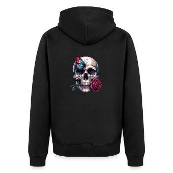 Schädel mit roter Rose und Schmetterling - Unisex Premium Bio Zip Hoodie - Schwarz - Hinten - Nico (187cm)