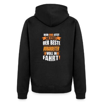 VORARBEITER - Unisex Premium Bio Zip Hoodie - Schwarz - Hinten - Nico (187cm)