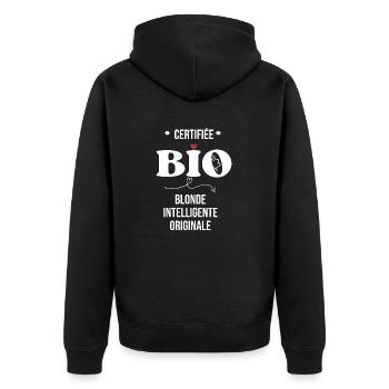 Certifiée bio - blonde intelligente originale - Veste à capuche bio Premium Unisexe - noir - Dos - Nico (187cm)