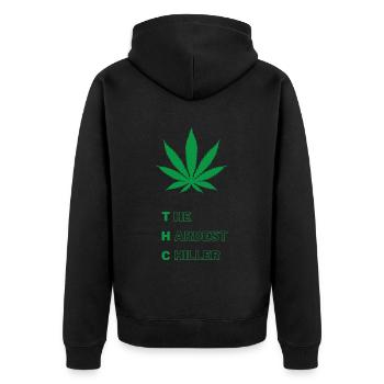 THC Design Cannabisblatt Weed Hanf 420 Marihuana - Unisex Premium Bio Zip Hoodie - Schwarz - Hinten - Nico (187cm)