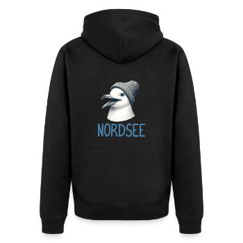 Gute Laune Nordsee - Moin Möwe mit Beanie Mütze - Unisex Premium Bio Zip Hoodie - Schwarz - Hinten - Nico (187cm)