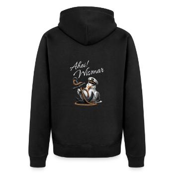 Ahoy Wismar with funny seagull and anchor - Unisex Premium Organic Zip Hoodie - black - Back - Nico (187cm)