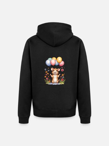 Cute mouse with birthday balloons - Unisex Premium Organic Zip Hoodie - black