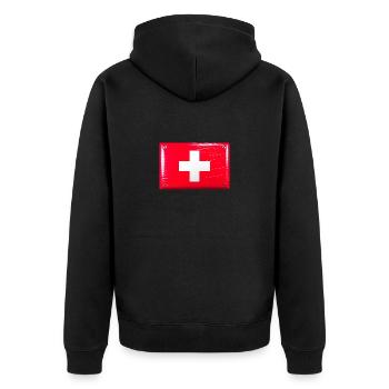 Schweiz Flagge Fahne Blechschild-Optik - Unisex Premium Bio Zip Hoodie - Schwarz - Hinten - Nico (187cm)