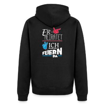 ER HEIRATET JGA - Unisex Premium Bio Zip Hoodie - Schwarz - Hinten - Nico (187cm)