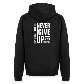Gib niemals auf kühne Typografie - Unisex Premium Bio Zip Hoodie - Schwarz - Hinten - Nico (187cm)