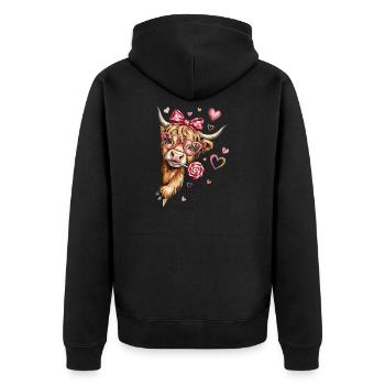 Verliebtes Hochlandrind mit Herzbrille und Lolli - Unisex Premium Bio Zip Hoodie - Schwarz - Hinten - Nico (187cm)