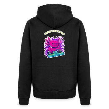 Angry Axolotl DJ – Lass den Bass Neon-Design fallen - Unisex Premium Bio Zip Hoodie - Schwarz - Hinten - Nico (187cm)