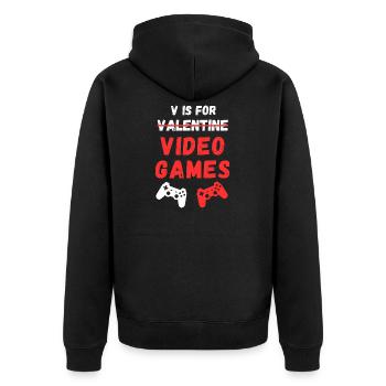 V steht für Videospiele - Unisex Premium Bio Zip Hoodie - Schwarz - Hinten - Nico (187cm)