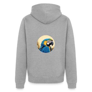 Blau-Gold Ara - Unisex Premium Bio Zip Hoodie - Grau meliert - Hinten - Nico (187cm)