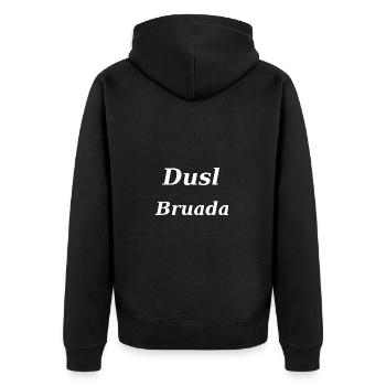 Duslbruada, Glückspilz auf bayerisch - Unisex Premium Bio Zip Hoodie - Schwarz - Hinten - Nico (187cm)