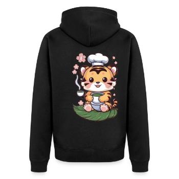 Tiger im Cartoon Stil mit grünem Tee - Unisex Premium Bio Zip Hoodie - Schwarz - Hinten - Nico (187cm)