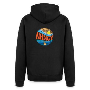 Nancy Hemd Vintage Sunset Nancy Groovy Tie Dye - Unisex Premium Bio Zip Hoodie - Schwarz - Hinten - Nico (187cm)