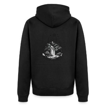 Tattoo-Stil Wasserfall Logo mit Kiefern und Felsen - Unisex Premium Bio Zip Hoodie - Schwarz - Hinten - Nico (187cm)