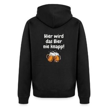 Hier wird das Bier nie knapp! Partyspruch/Motiv - Unisex Premium Bio Zip Hoodie - Schwarz - Hinten - Nico (187cm)