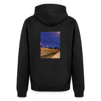 Bahnhof - Unisex Premium Bio Zip Hoodie - Schwarz - Hinten - Nico (187cm)