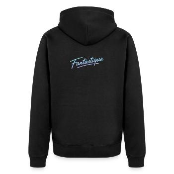 Neon 80er Schriftzug Fantastique - Unisex Premium Bio Zip Hoodie - Schwarz - Hinten - Nico (187cm)