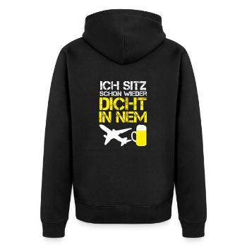 Mallorca ICH SITZ SCHON WIEDER DICHT IM FLIEGER 23 - Unisex Premium Bio Zip Hoodie - Schwarz - Hinten - Nico (187cm)