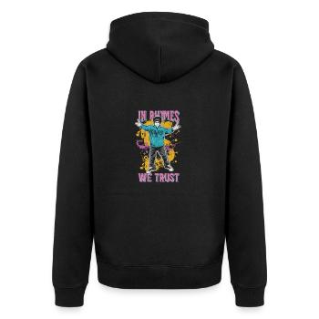 In Rhymes we trust Hip HopShirt Design - Unisex Premium Organic Zip Hoodie - black - Back - Nico (187cm)