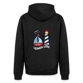 Leinen Los - Leuchtturm, Segelboot und Möwen - Unisex Premium Bio Zip Hoodie - Schwarz - Hinten - Nico (187cm)