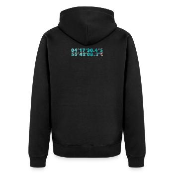 Motiv: Koordinaten des Traumstrands Anse Lazio - Unisex Premium Bio Zip Hoodie - Schwarz - Hinten - Nico (187cm)