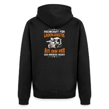 Fachkraft für Lagerlogistik Staplerfahrer bremse - Unisex Premium Bio Zip Hoodie - Schwarz - Hinten - Nico (187cm)