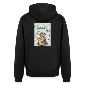 Geldsack Geldregen - Unisex Premium Bio Zip Hoodie - Schwarz - Hinten - Nico (187cm)