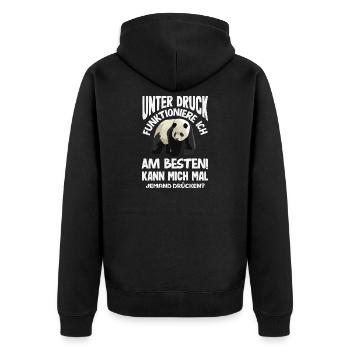 Unter Druck funktioniere ich am besten - Unisex Premium Bio Zip Hoodie - Schwarz - Hinten - Nico (187cm)