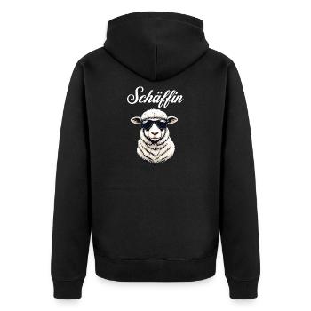 Schäffin – Die lässige Chefin im Wolle-Look - Unisex Premium Organic Zip Hoodie - black - Back - Nico (187cm)