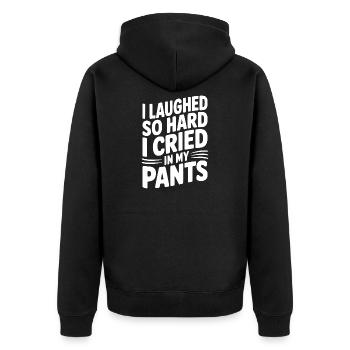 Ich habe so sehr gelacht, dass ich in die Hose geweint habe - Unisex Premium Bio Zip Hoodie - Schwarz - Hinten - Nico (187cm)