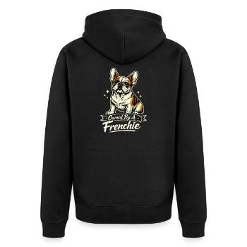 Owned By A Frenchie Frenchie Mom Motiv - Unisex Premium Bio Zip Hoodie - Schwarz - Hinten - Nico (187cm)