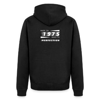 made in 1975 Geburtsjahr 45 Jahre - Unisex Premium Bio Zip Hoodie - Schwarz - Hinten - Nico (187cm)